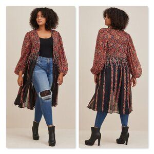 NWT Torrid Lurex Chiffon Tie Front Maxi Kimono Floral Black Women Plus Size 2X
